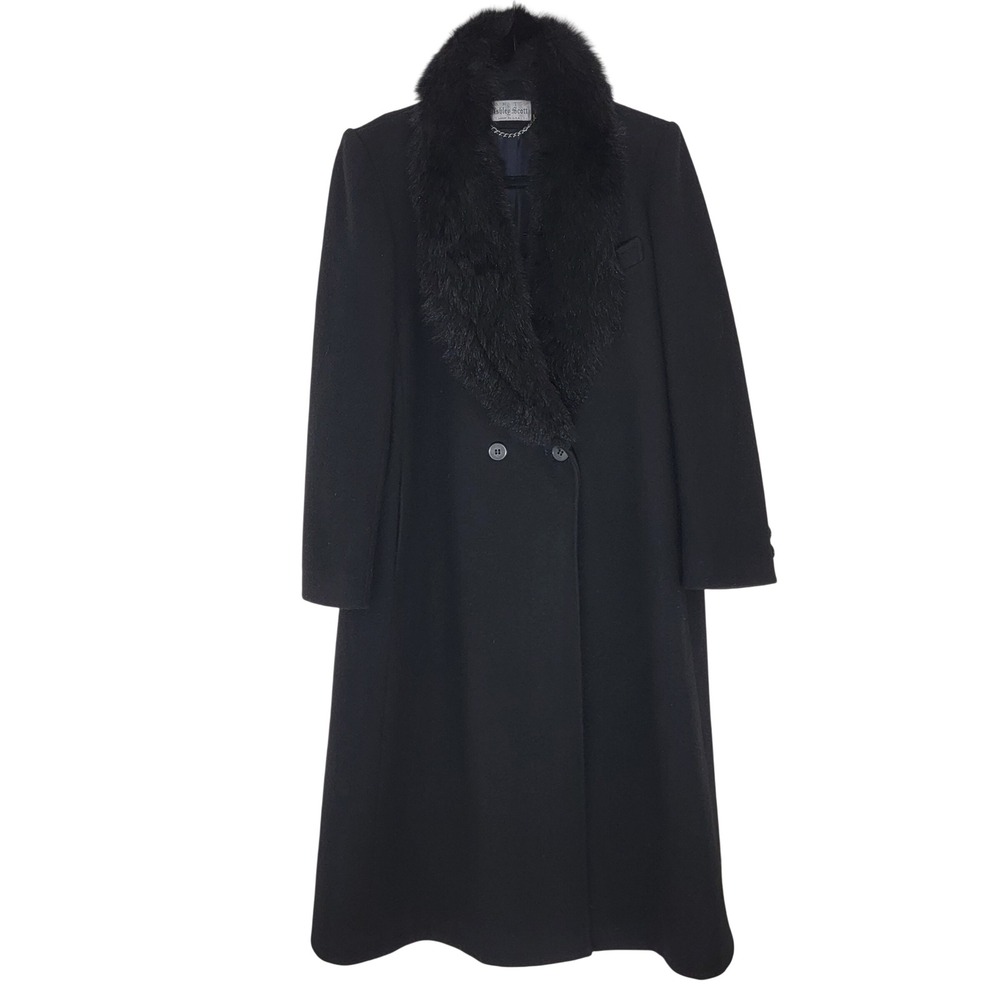 Ashley Scott VTG Black 100% Pure Wool Long Coat Faux Fur Collar Made in USA M